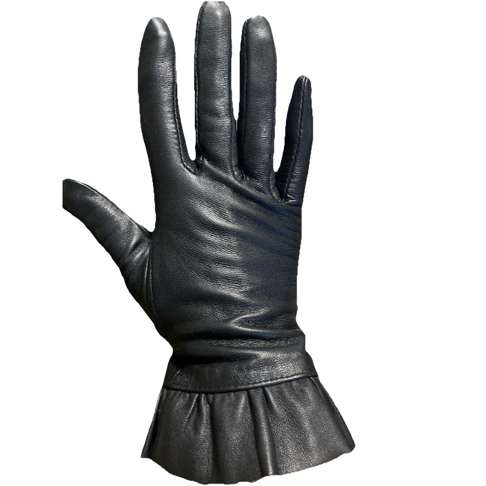 Sandro Paris Ladies Sheepskin Leather Gloves Black Size1 Ruffled Wrist Dainty XS